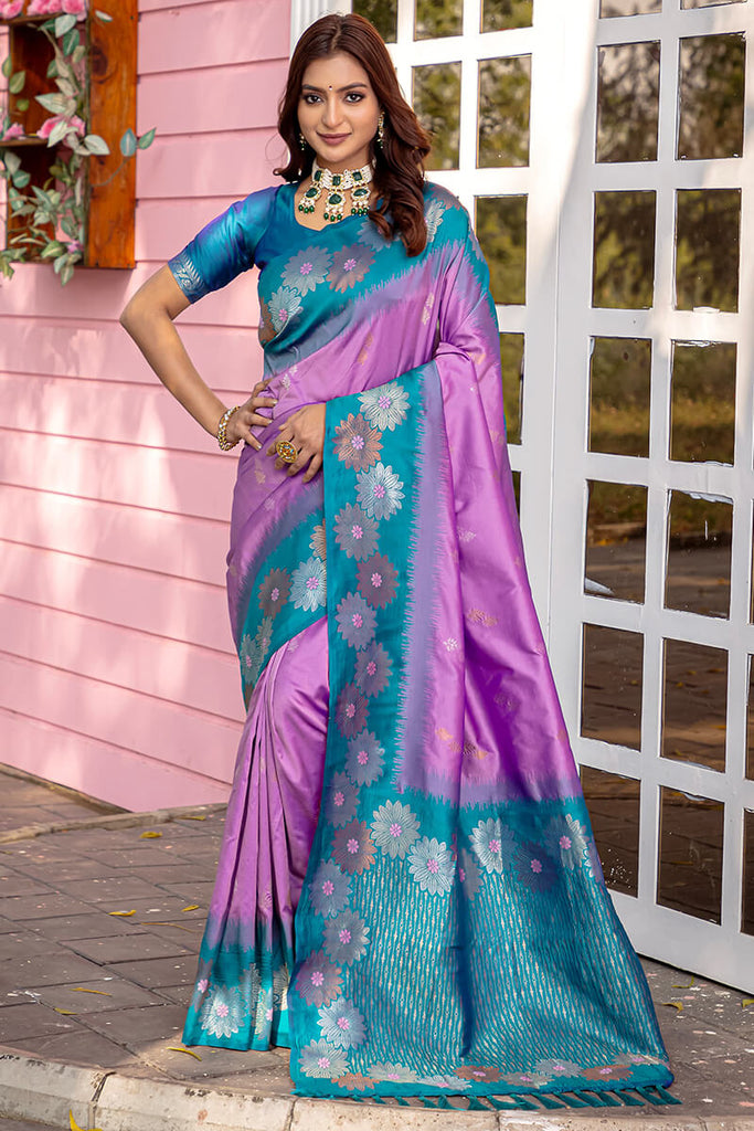 Bright Lavender Zari Woven Banarasi Silk Saree