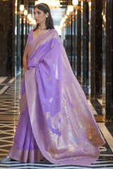 Bright Lavender Zari Woven Linen Silk Saree