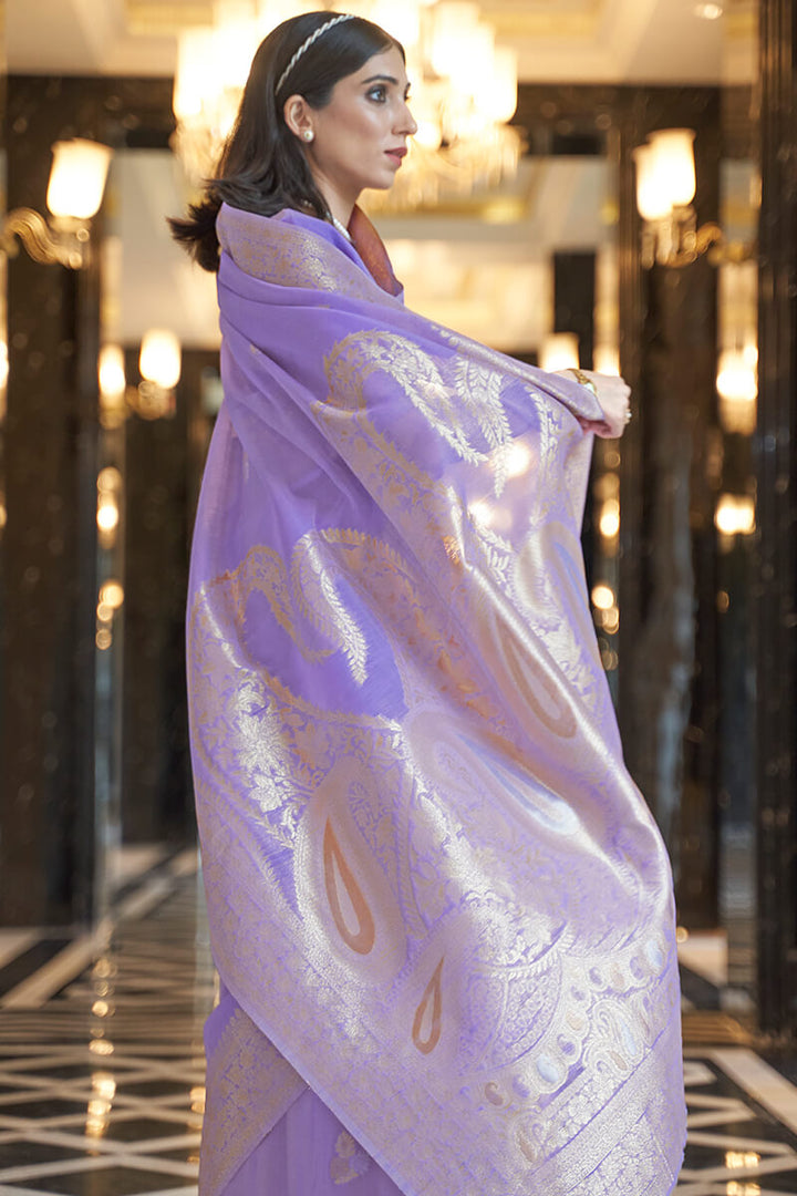 Bright Lavender Zari Woven Linen Silk Saree