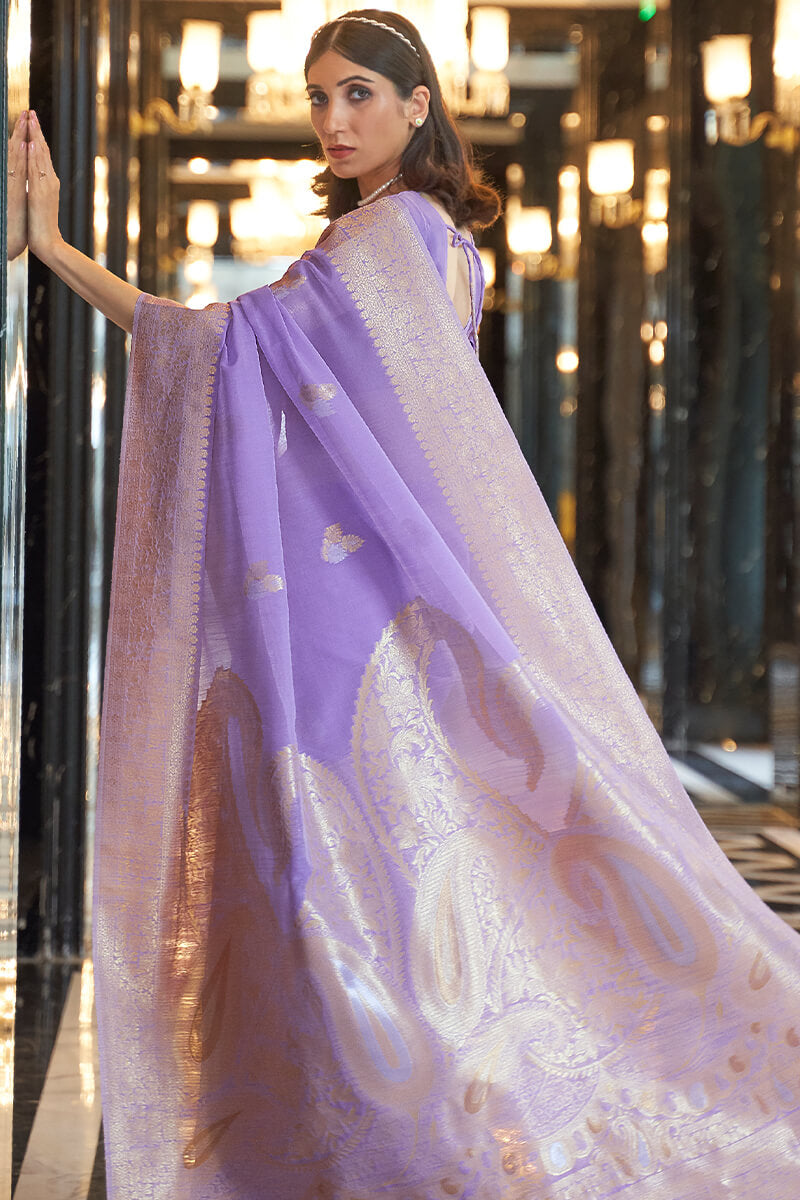 Bright Lavender Zari Woven Linen Silk Saree
