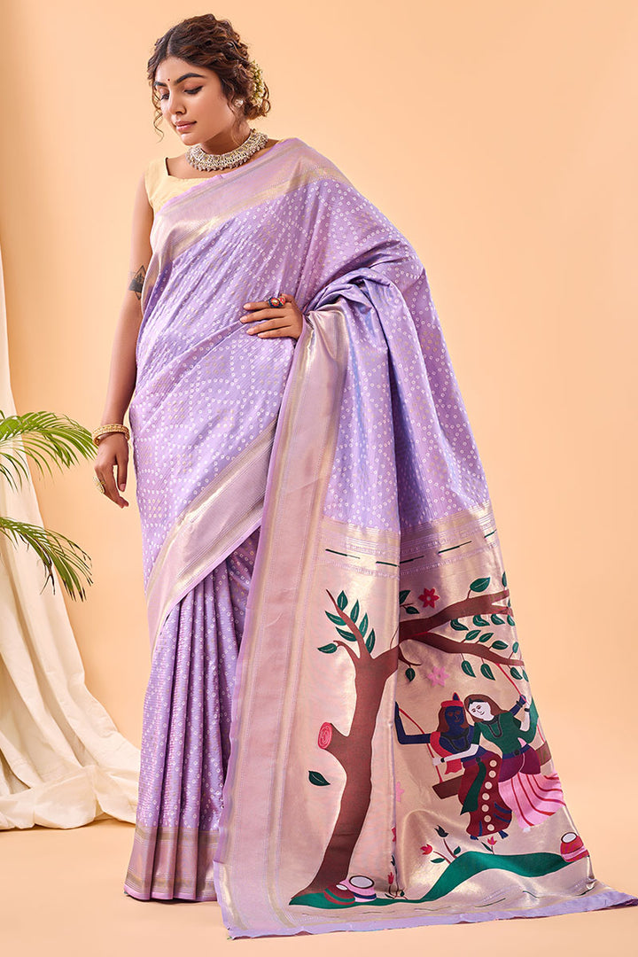 Bright Lavender Zari Woven Paithani Silk Saree