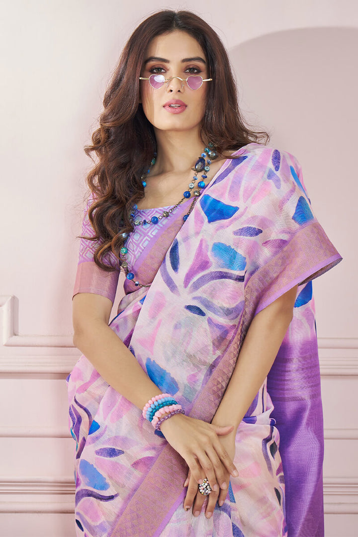 Bright Lavender Zari Woven Printed Soft Silk Saree