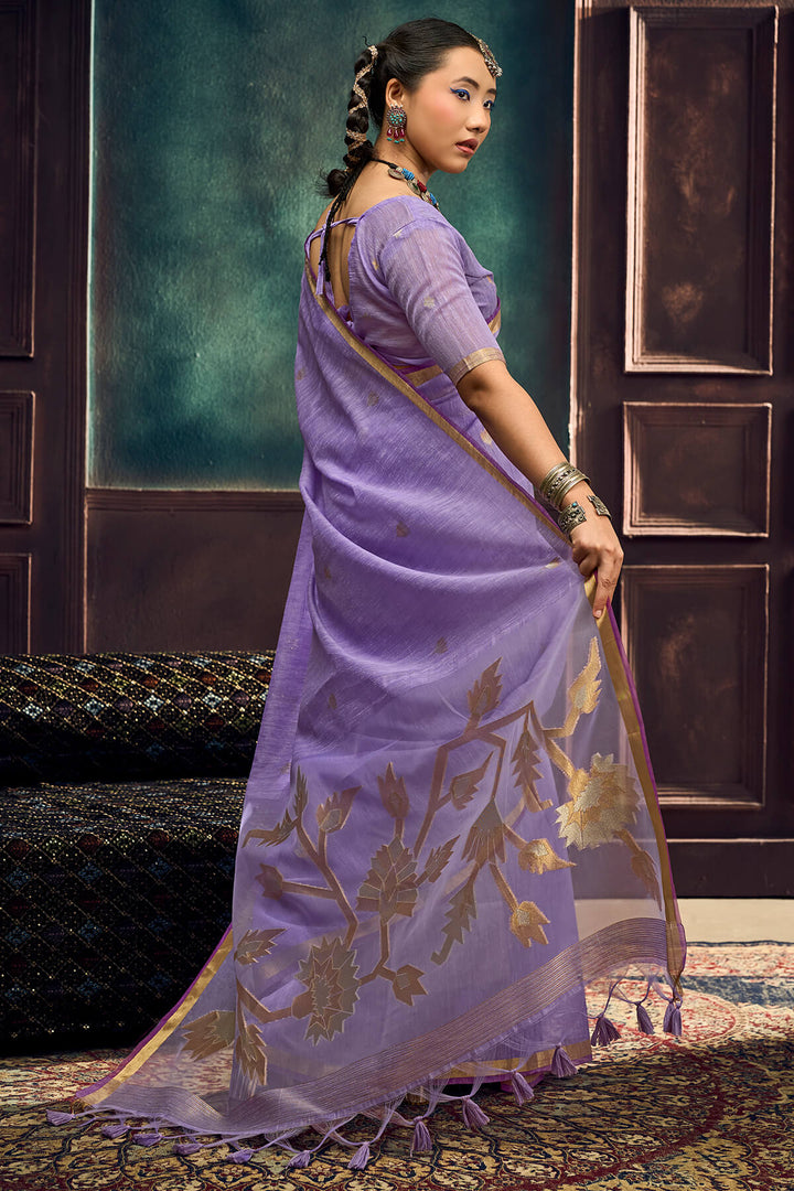 Bright Lavender Zari Woven Pure Munga Cotton saree