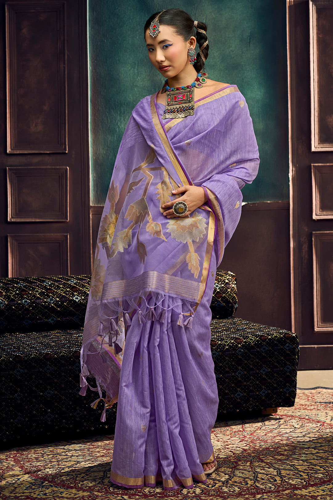 Bright Lavender Zari Woven Pure Munga Cotton saree