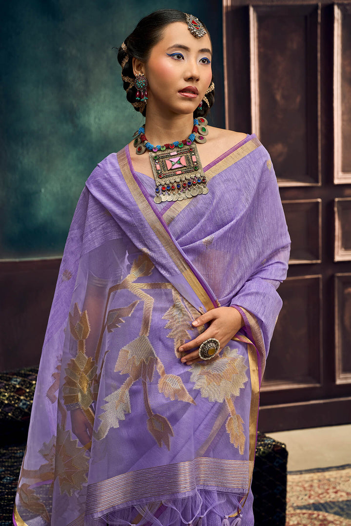 Bright Lavender Zari Woven Pure Munga Cotton saree