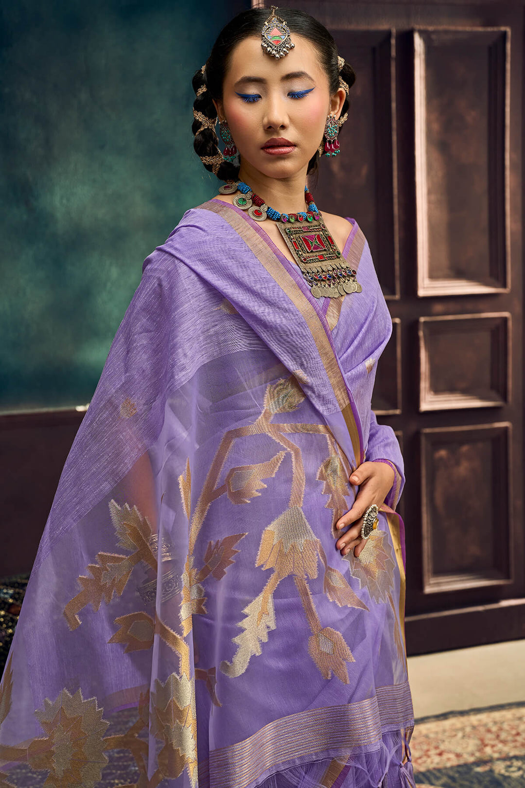 Bright Lavender Zari Woven Pure Munga Cotton saree