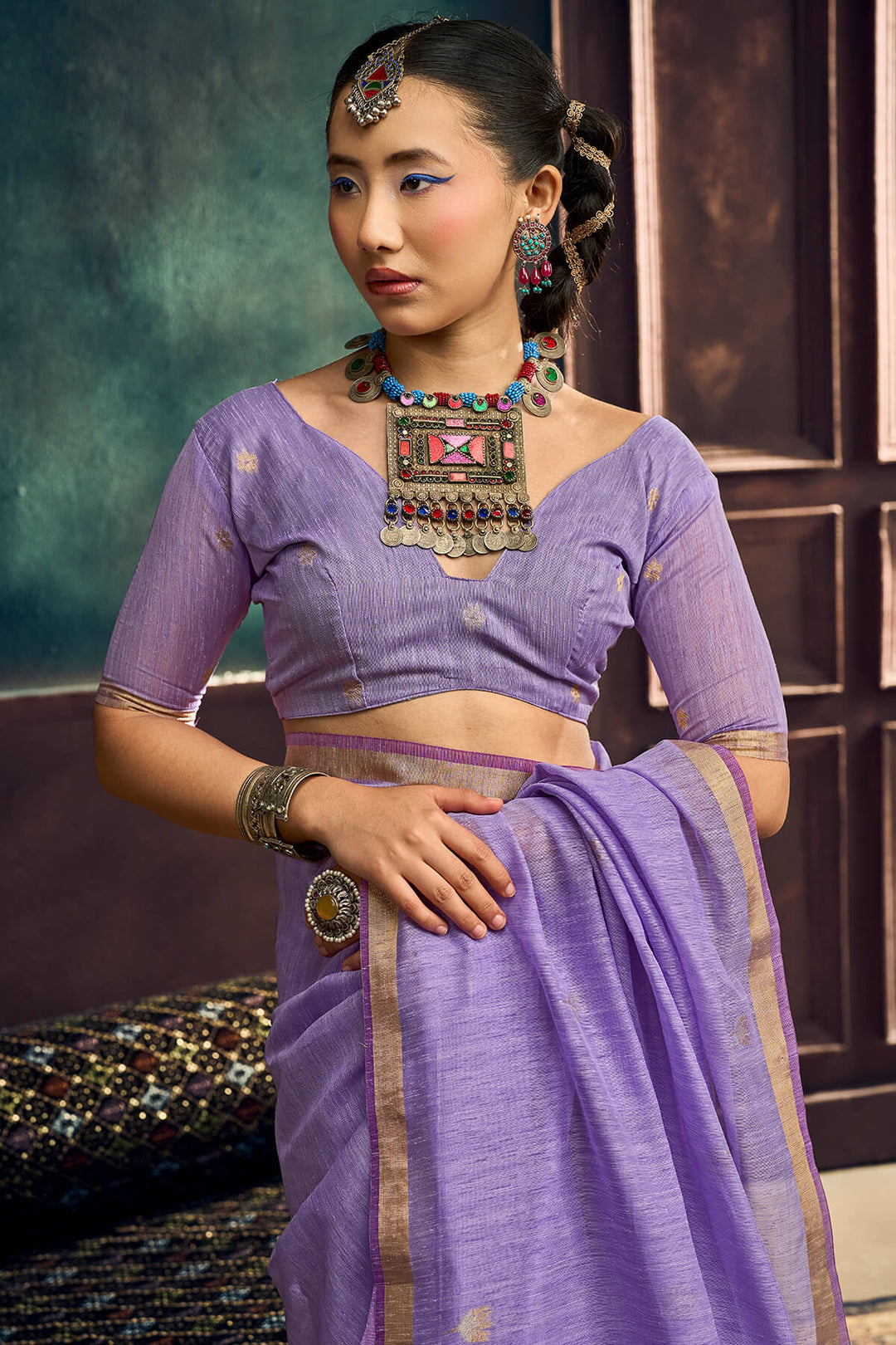 Bright Lavender Zari Woven Pure Munga Cotton saree