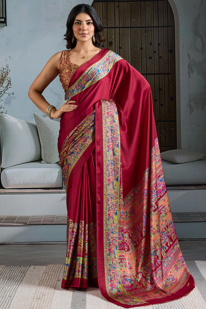 Bright Maroon Ajrakh Printed Satin Silk Saree