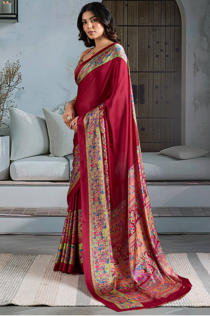 Bright Maroon Ajrakh Printed Satin Silk Saree