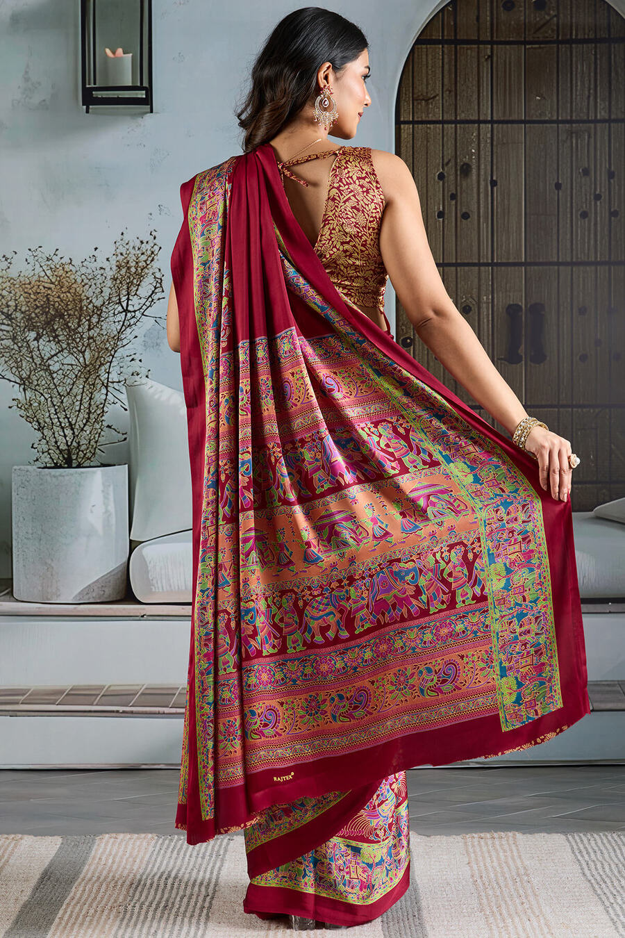 Bright Maroon Ajrakh Printed Satin Silk Saree