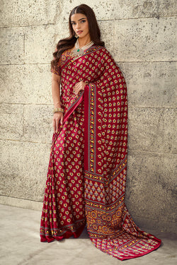 Bright Maroon Ajrakh Printed Semi Modal Satin Silk Saree