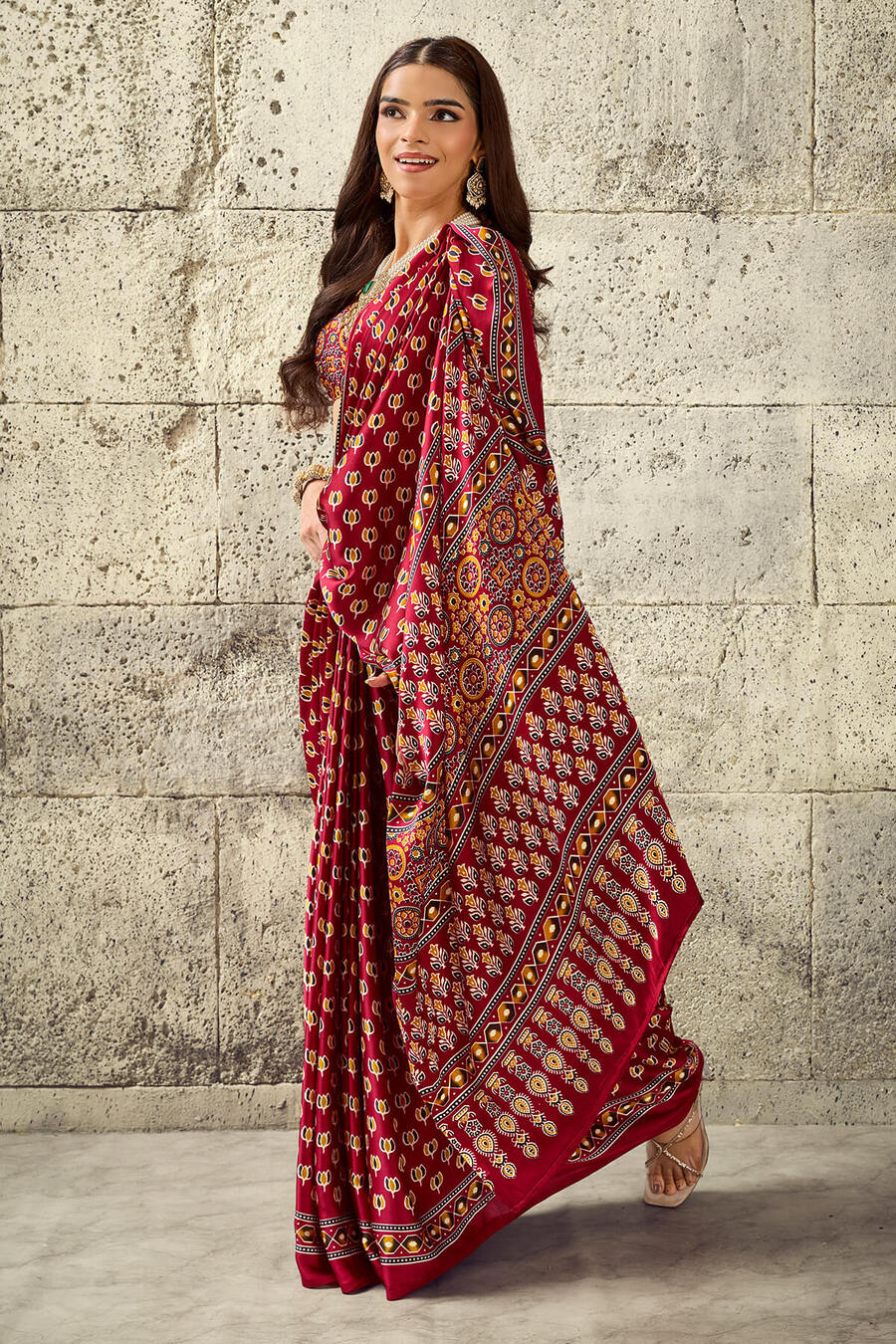 Bright Maroon Ajrakh Printed Semi Modal Satin Silk Saree