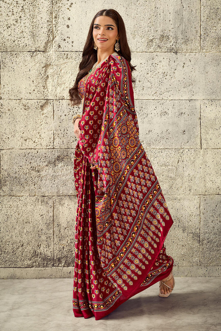Bright Maroon Ajrakh Printed Semi Modal Satin Silk Saree
