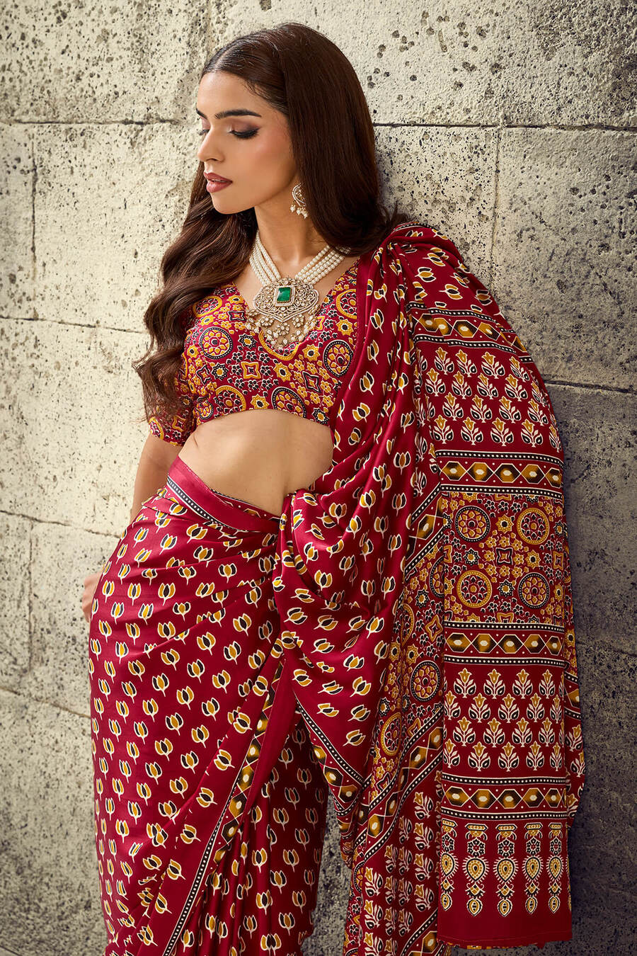 Bright Maroon Ajrakh Printed Semi Modal Satin Silk Saree