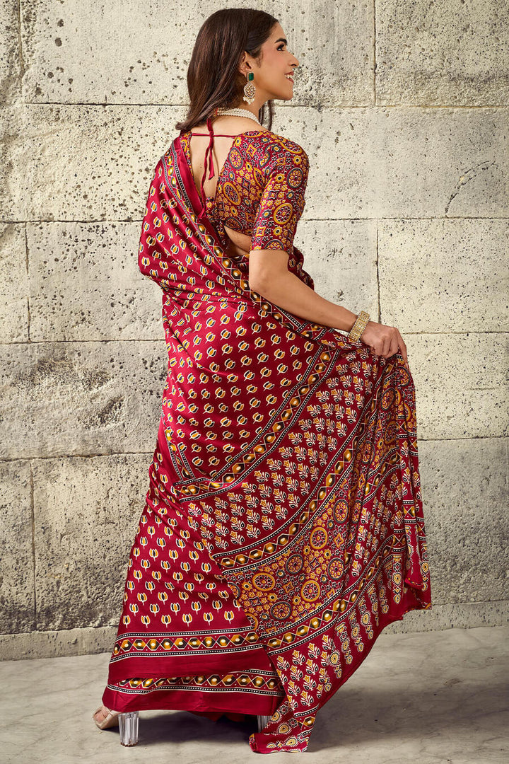 Bright Maroon Ajrakh Printed Semi Modal Satin Silk Saree