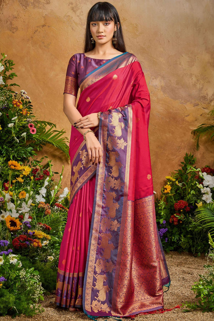 Bright Maroon Banarasi Pichwai Silk Saree