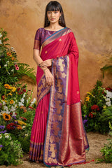 Bright Maroon Banarasi Pichwai Silk Saree