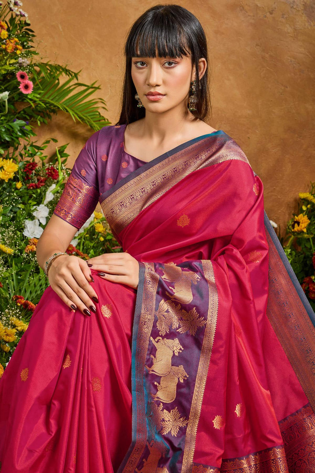 Bright Maroon Banarasi Pichwai Silk Saree
