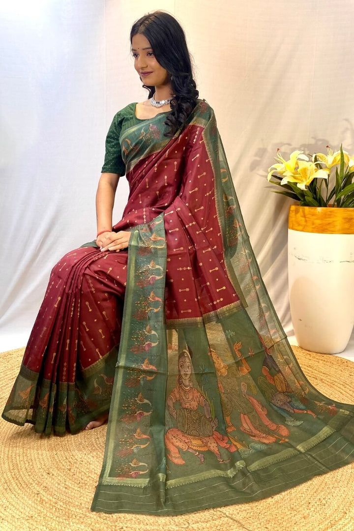 Bright Maroon Printed Soft Chanderi Silk Saree