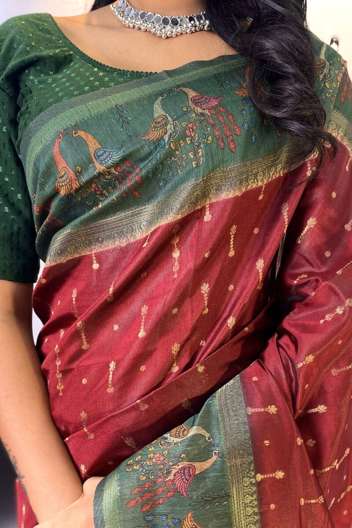 Bright Maroon Printed Soft Chanderi Silk Saree