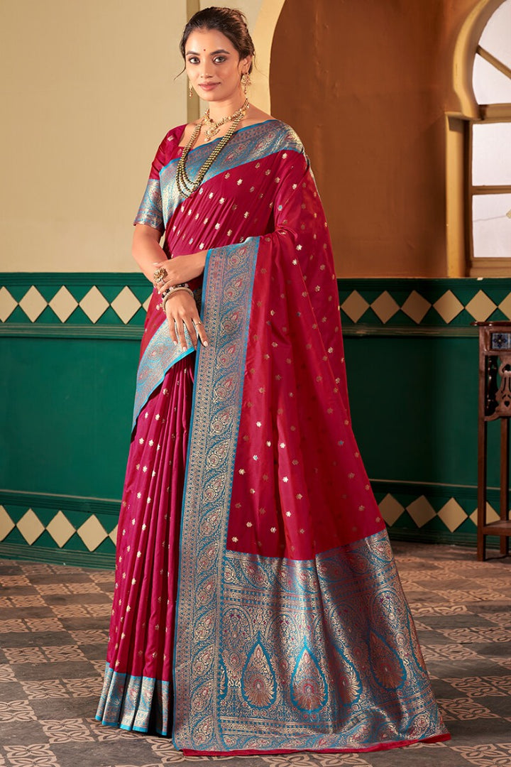 Bright Maroon Soft Banarasi Silk Saree