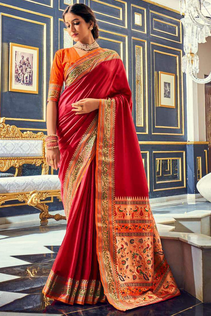 Bright Maroon Soft Paithani Silk Saree