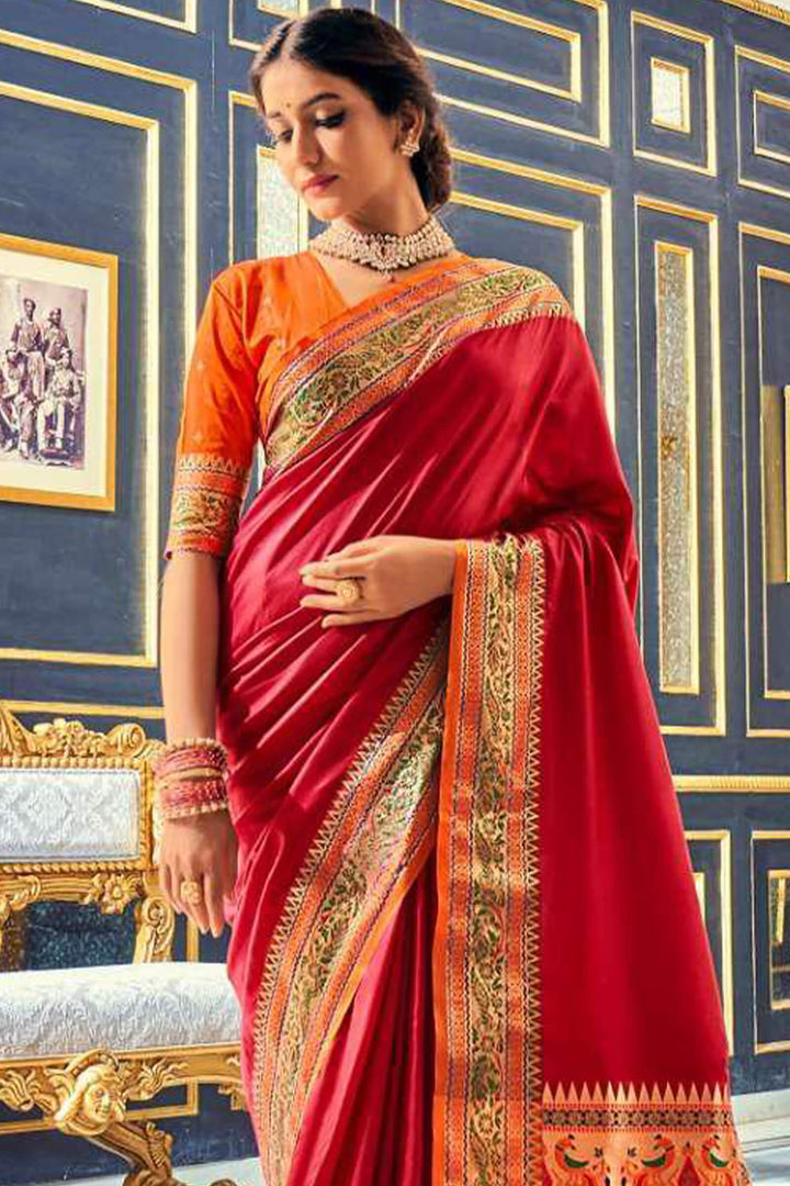 Bright Maroon Soft Paithani Silk Saree