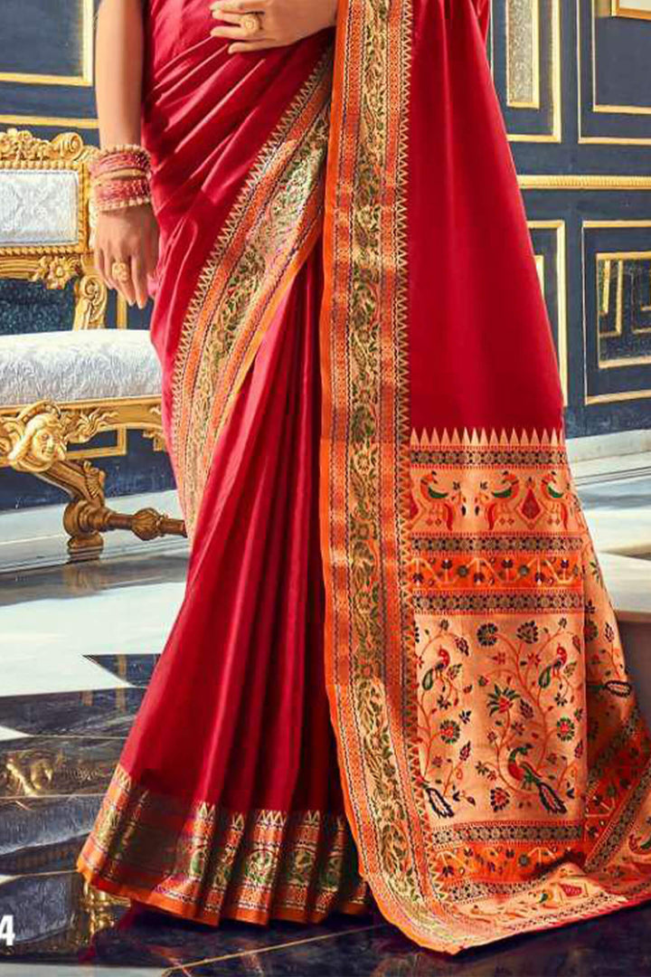 Bright Maroon Soft Paithani Silk Saree