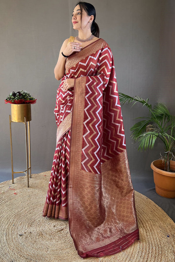 Bright Maroon Zari Woven Linen Cotton Silk Saree