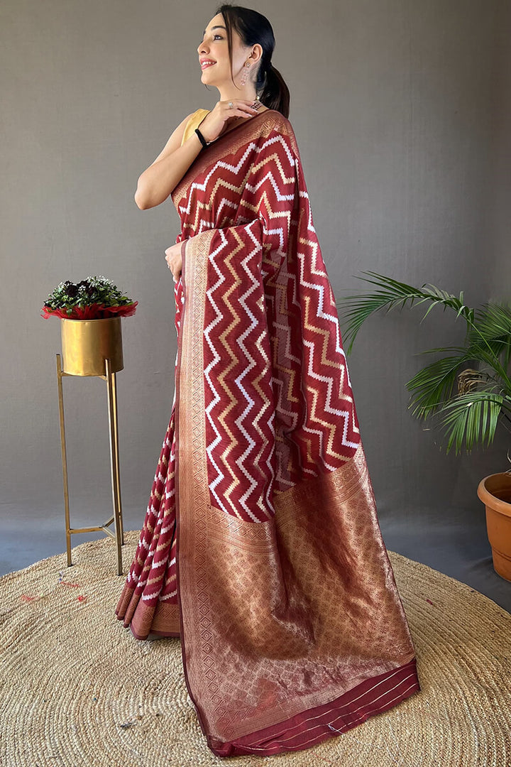 Bright Maroon Zari Woven Linen Cotton Silk Saree