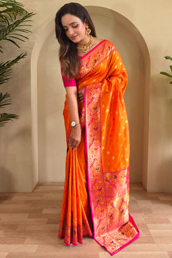Bright Orange Zari Woven Paithani Silk Saree