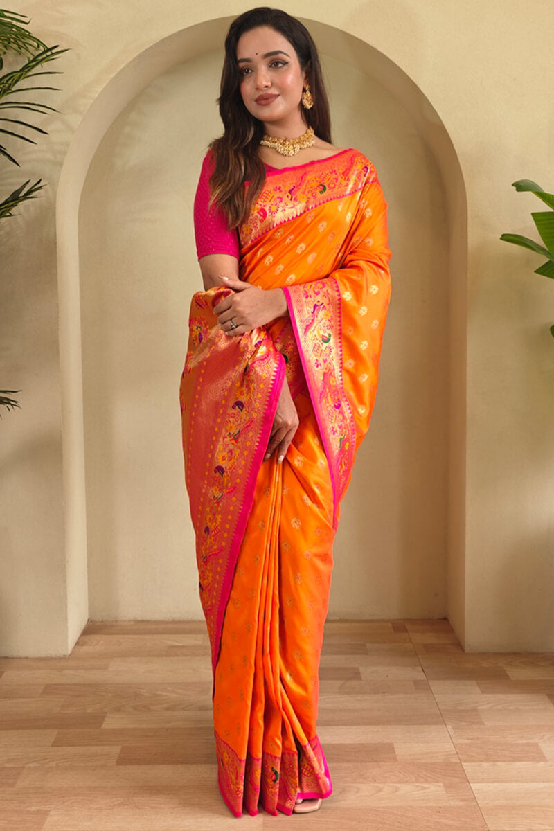 Bright Orange Zari Woven Paithani Silk Saree
