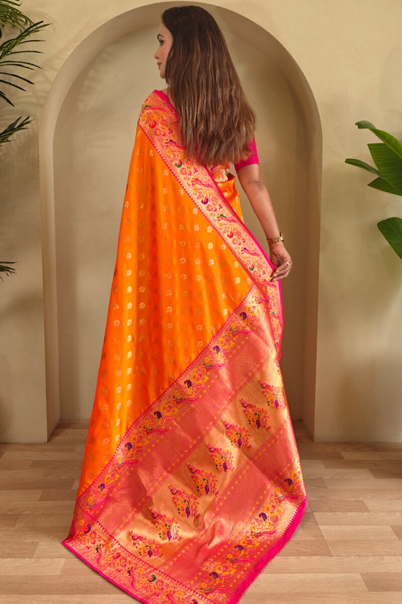 Bright Orange Zari Woven Paithani Silk Saree