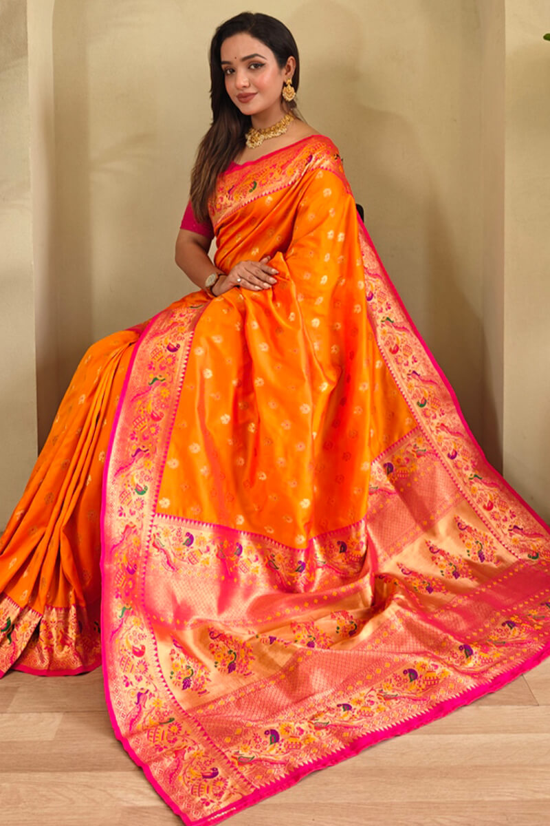 Bright Orange Zari Woven Paithani Silk Saree