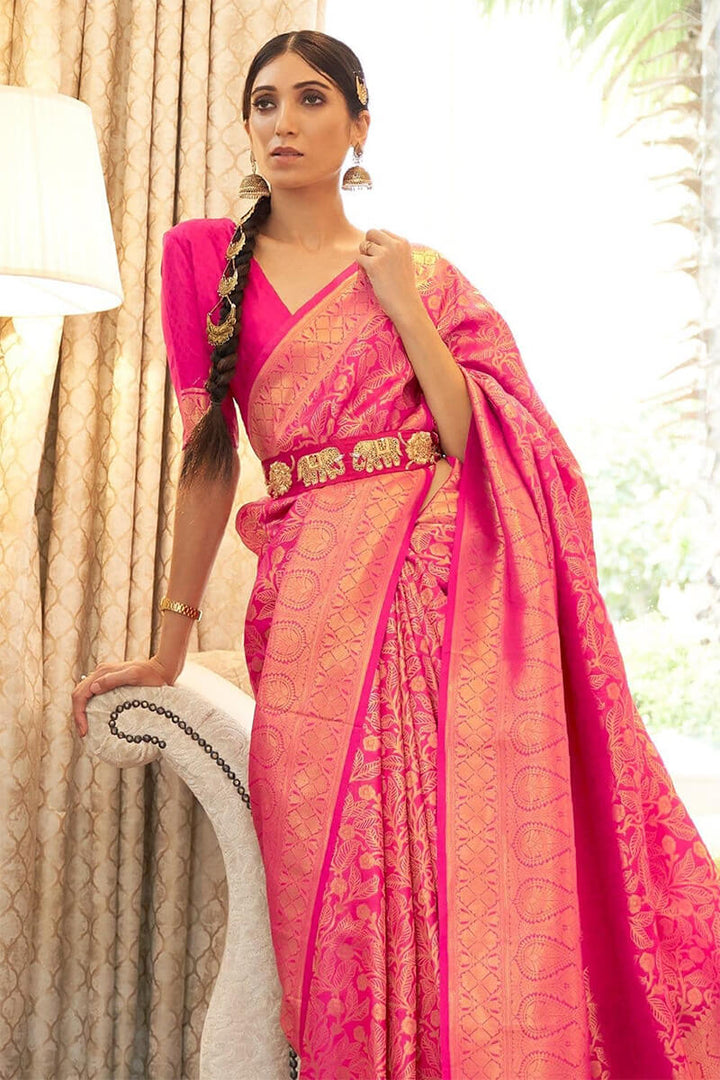 Bright pink Kanjivaram Silk Saree