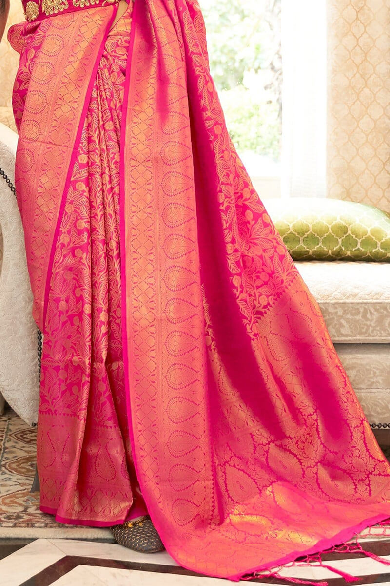 Bright pink Kanjivaram Silk Saree