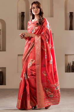 Bright Red Foil Printed Dola Silk Saree