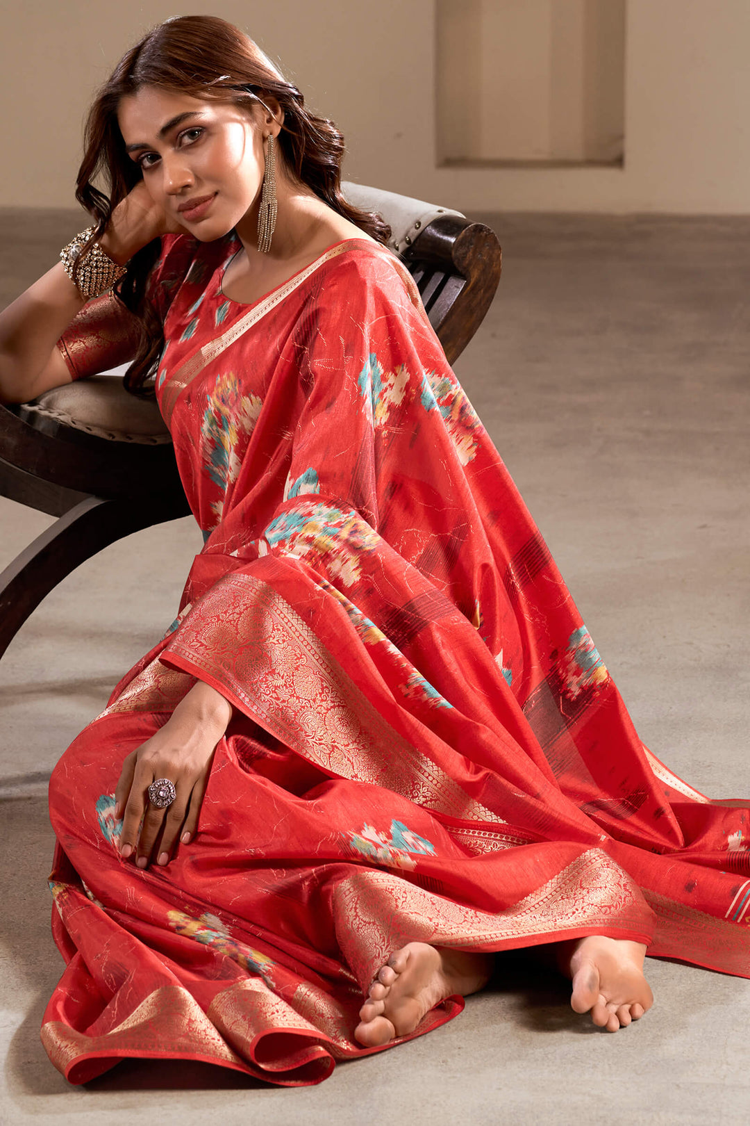 Bright Red Foil Printed Dola Silk Saree