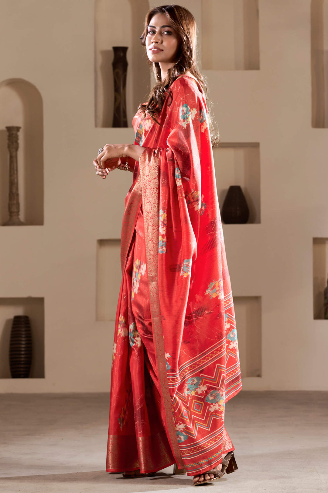 Bright Red Foil Printed Dola Silk Saree