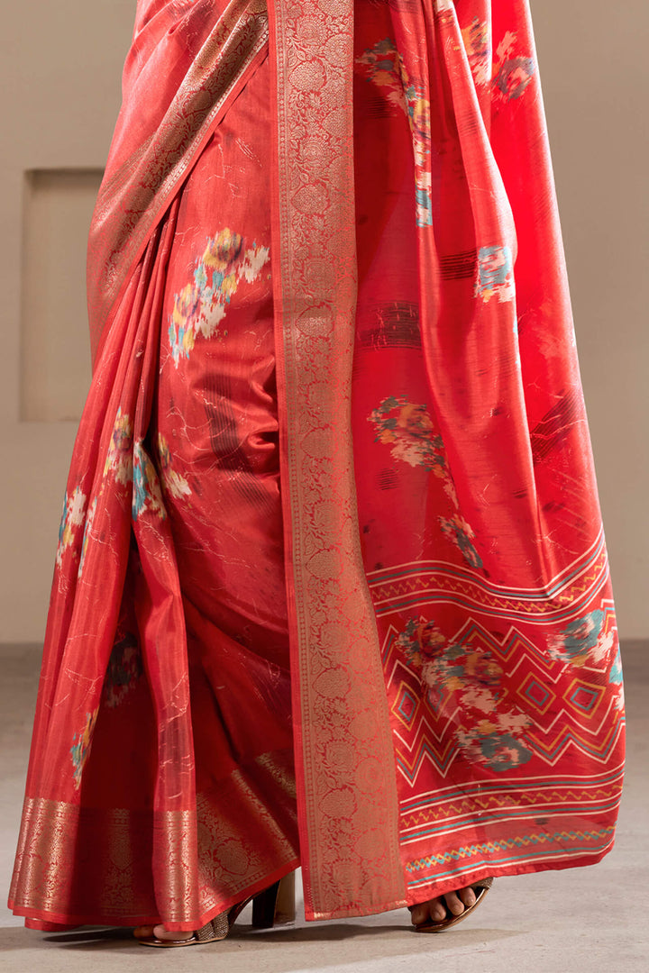 Bright Red Foil Printed Dola Silk Saree
