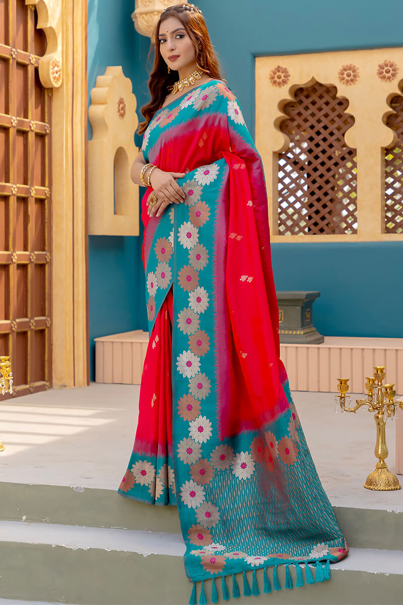 Bright Red Zari Woven Banarasi Silk Saree