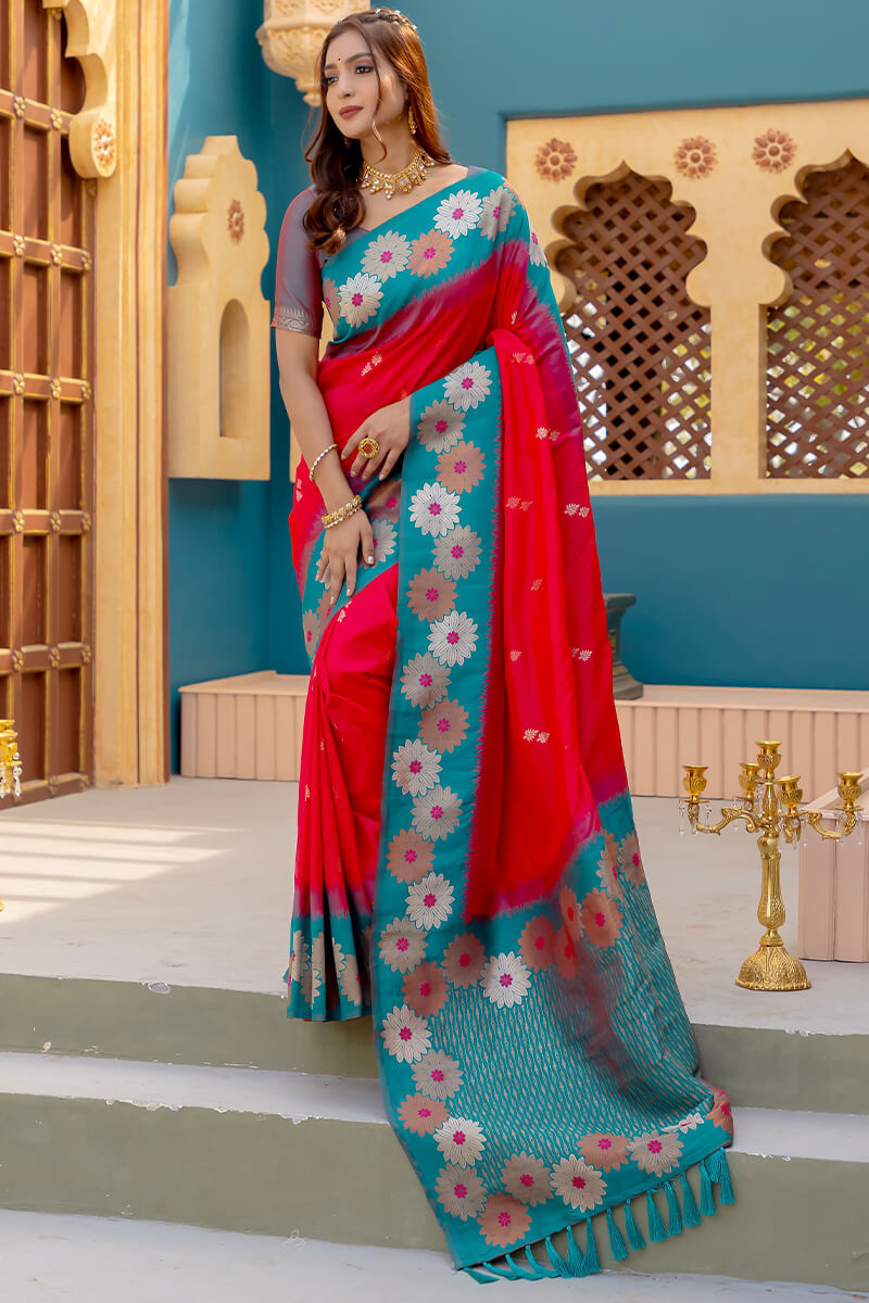 Bright Red Zari Woven Banarasi Silk Saree