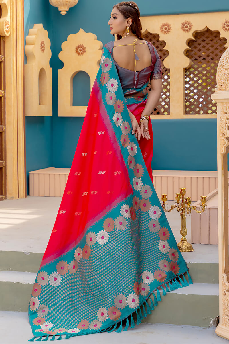 Bright Red Zari Woven Banarasi Silk Saree