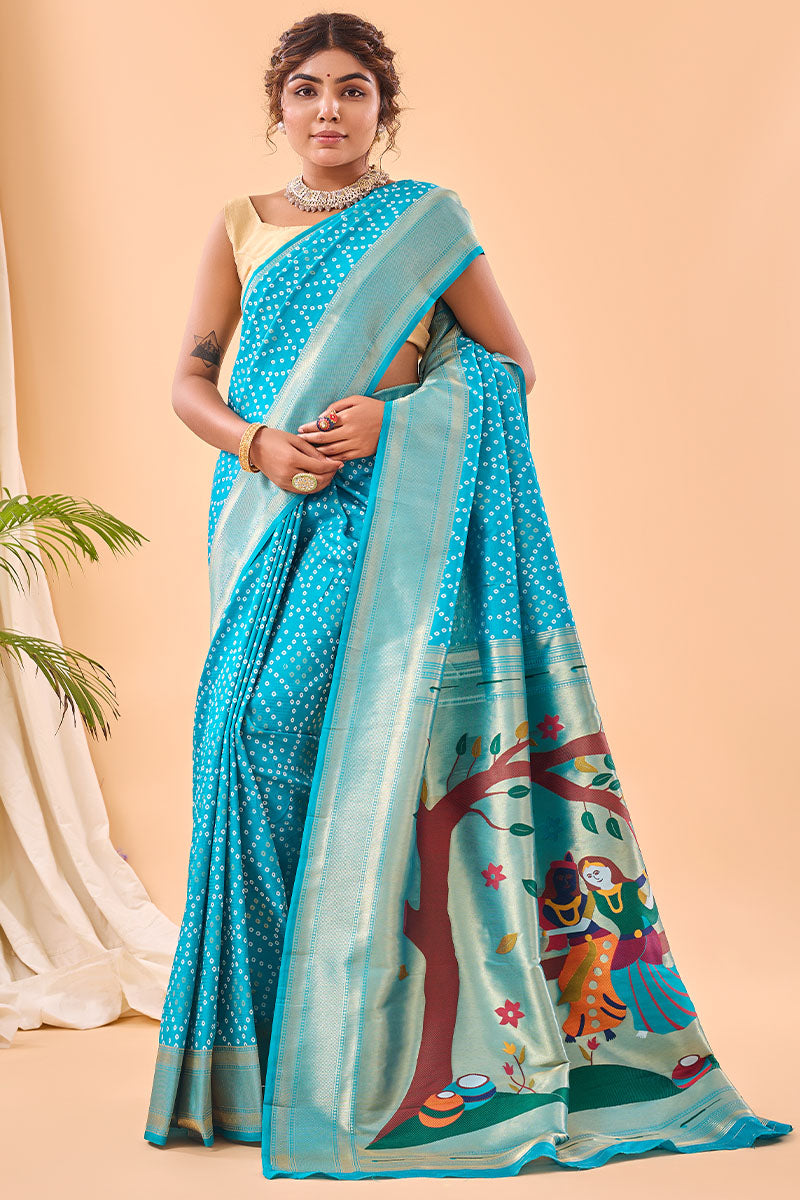 Bright Sky Blue Zari Woven Paithani Silk Saree