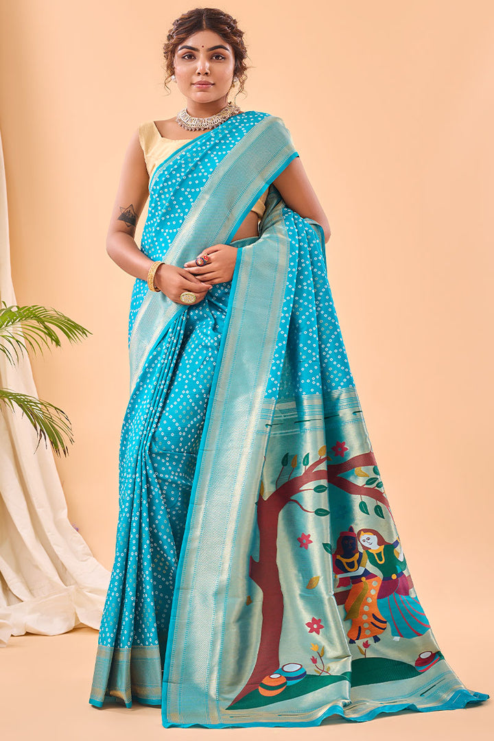 Bright Sky Blue Zari Woven Paithani Silk Saree