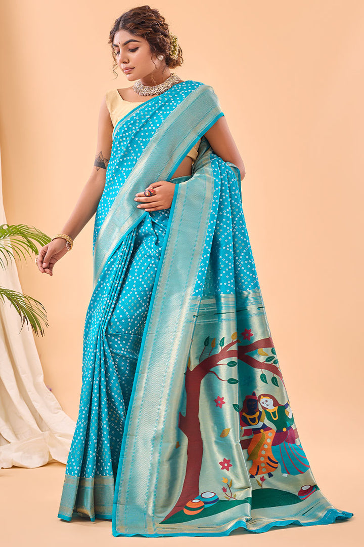 Bright Sky Blue Zari Woven Paithani Silk Saree