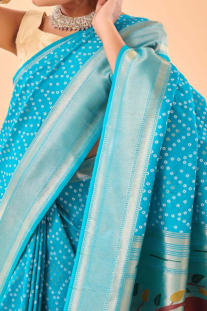 Bright Sky Blue Zari Woven Paithani Silk Saree