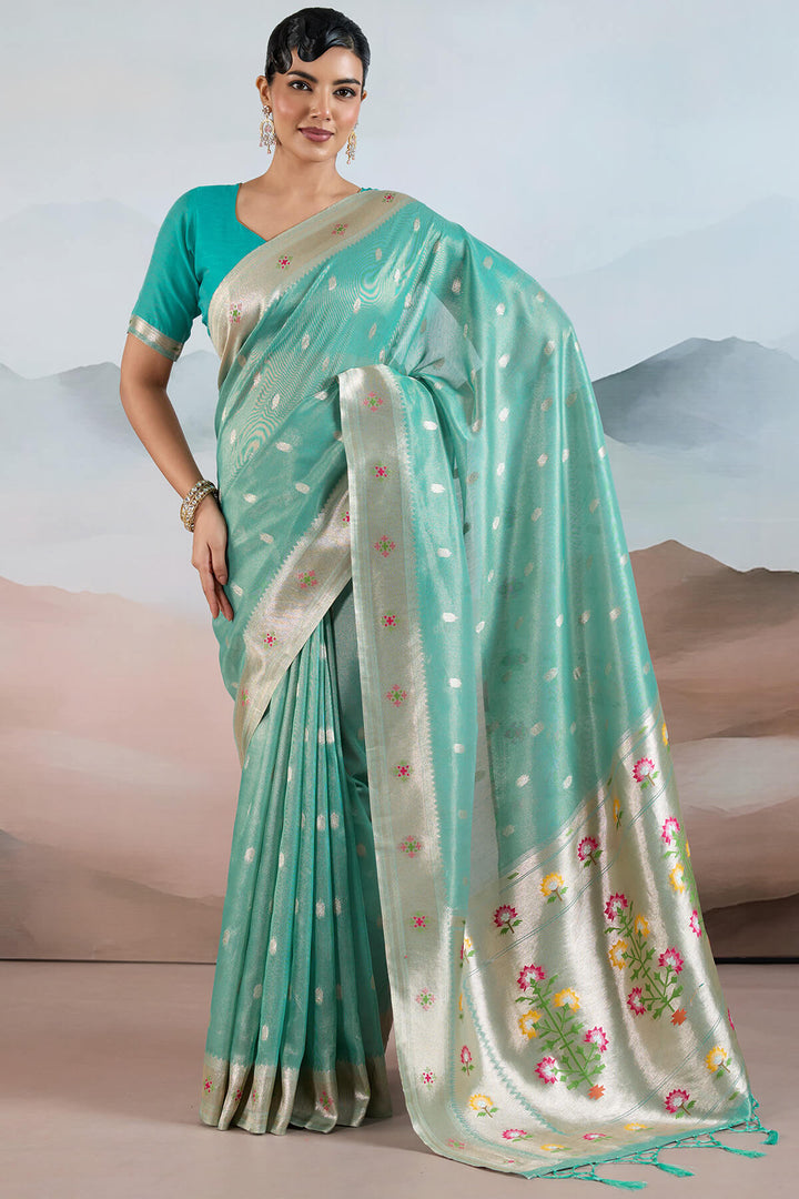 Bright Turquoise Paithani Tissue Silk Saree