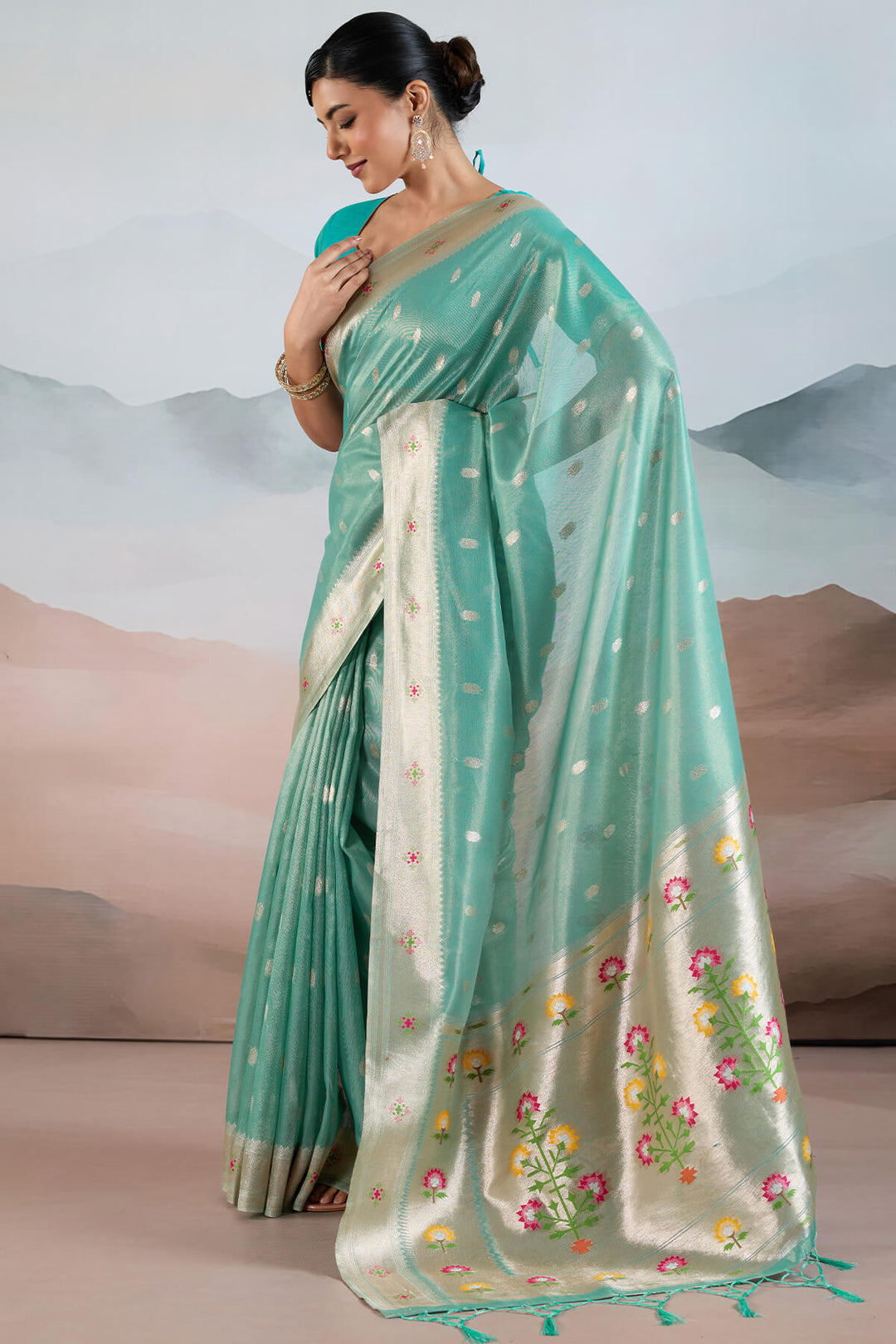 Bright Turquoise Paithani Tissue Silk Saree