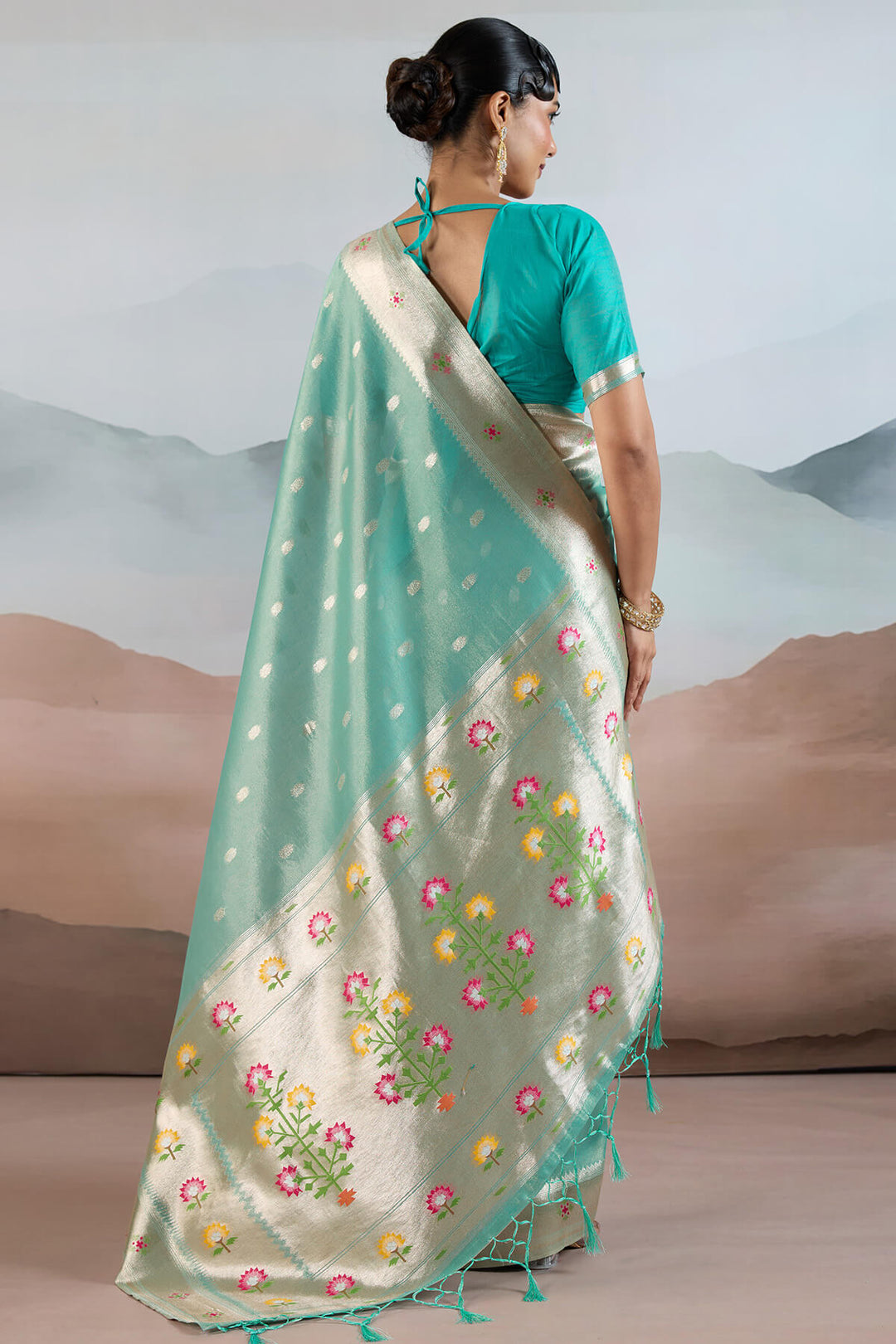 Bright Turquoise Paithani Tissue Silk Saree